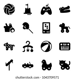 Solid vector icon set - volleyball vector, sand castle, joystick, crocodile, shovel bucket, horse stick toy, game console, wheel, baby carousel, beach ball, piano, windmill, car, duck, cat
