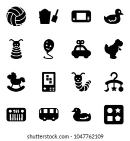 Solid vector icon set - volleyball vector, bucket scoop, game console, duck toy, pyramid, balloon smile, car, dinosaur, rocking horse, caterpillar, baby carousel, piano, bus, cube hole