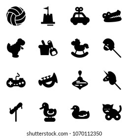 Solid vector icon set - volleyball vector, sand castle, car toy, crocodile, dinosaur, shovel bucket, rocking horse, stick, gamepad, horn, wirligig, unicorn, windmill, duck, cat