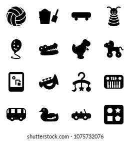 Solid vector icon set - volleyball vector, bucket scoop, skateboard, pyramid toy, balloon smile, crocodile, dinosaur, wheel horse, game console, horn, baby carousel, piano, bus, duck, car, cube hole