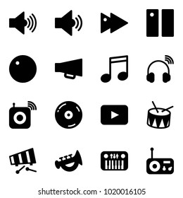 Solid vector icon set - volume max vector, medium, fast forward, pause, record, loudspeaker, music, wireless headphones, speaker, cd, playback, drum, xylophone, horn toy, piano, radio