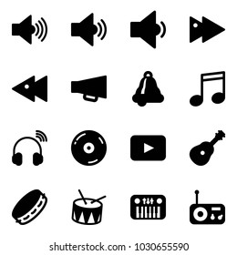 Solid vector icon set - volume max vector, medium, low, fast forward, backward, loudspeaker, bell, music, wireless headphones, cd, playback, guitar, tambourine, drum, toy piano, radio