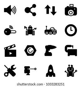 Solid vector icon set - volume max vector, share, up down arrows, camera, wireless key, robot, moon rover, clock, movie flap, nut, drill, machine tool, wrench screwdriver, laser lever, rocket