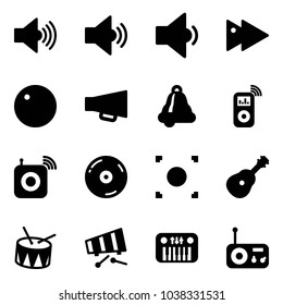 Solid vector icon set - volume max vector, medium, low, fast forward, record, loudspeaker, bell, music player, wireless speaker, cd, button, guitar, drum, xylophone, toy piano, radio