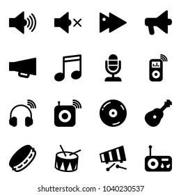 Solid vector icon set - volume max vector, off, fast forward, loudspeaker, music, microphone, player, wireless headphones, speaker, cd, guitar, tambourine, drum, xylophone, radio