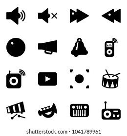 Solid vector icon set - volume medium vector, off, fast forward, backward, record, loudspeaker, bell, music player, wireless speaker, playback, button, drum, xylophone, horn toy, piano, radio