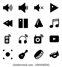 Solid vector icon set - volume max vector, low, off, play, fast backward, pause, bell, music, player, wireless headphones, speaker, playback, record button, guitar, tambourine, horn toy