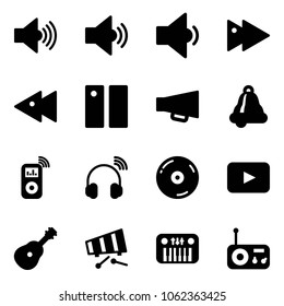 Solid vector icon set - volume max vector, medium, low, fast forward, backward, pause, loudspeaker, bell, music player, wireless headphones, cd, playback, guitar, xylophone, toy piano, radio
