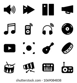 Solid vector icon set - volume max vector, fast forward, pause, loudspeaker, music, player, wireless headphones, cd, playback, record button, guitar, tambourine, drum, xylophone, toy piano, radio