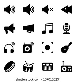 Solid vector icon set - volume max vector, medium, off, fast backward, loudspeaker, music, microphone, wireless headphones, speaker, record button, guitar, tambourine, drum, toy piano, radio