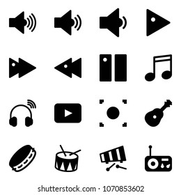 Solid vector icon set - volume max vector, medium, low, play, fast forward, backward, pause, music, wireless headphones, playback, record button, guitar, tambourine, drum, xylophone, radio
