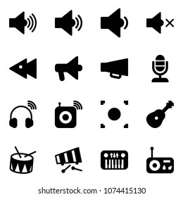 Solid vector icon set - volume max vector, medium, low, off, fast backward, loudspeaker, microphone, wireless headphones, speaker, record button, guitar, drum, xylophone, toy piano, radio