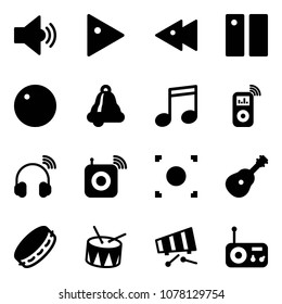 Solid vector icon set - volume medium vector, play, fast backward, pause, record, bell, music, player, wireless headphones, speaker, button, guitar, tambourine, drum, xylophone, radio