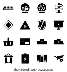 Solid vector icon set - waiting area vector, snowball house, road signpost sign, main, oncoming traffic, shield, presentation board, basket, envelope, pedestal, pennant, battery, wheelbarrow