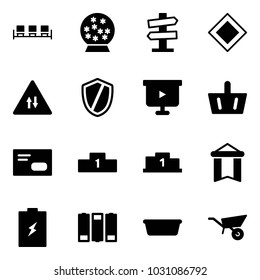 Solid vector icon set - waiting area vector, snowball, road signpost sign, main, oncoming traffic, shield, presentation board, basket, envelope, pedestal, pennant, battery, basin, wheelbarrow