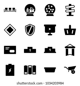 Solid vector icon set - waiting area vector, snowball house, road signpost sign, main, shield, presentation board, basket, envelope, pedestal, pennant, battery, basin, wheelbarrow