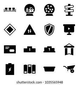 Solid vector icon set - waiting area vector, snowball house, road signpost sign, main, oncoming traffic, shield, presentation board, envelope, pedestal, pennant, battery, basin, wheelbarrow