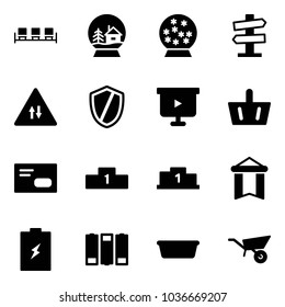 Solid vector icon set - waiting area vector, snowball house, road signpost sign, oncoming traffic, shield, presentation board, basket, envelope, pedestal, pennant, battery, basin, wheelbarrow