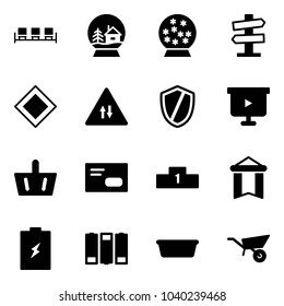 Solid vector icon set - waiting area vector, snowball house, road signpost sign, main, oncoming traffic, shield, presentation board, basket, envelope, pedestal, pennant, battery, basin, wheelbarrow