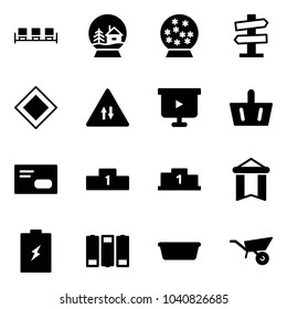 Solid vector icon set - waiting area vector, snowball house, road signpost sign, main, oncoming traffic, presentation board, basket, envelope, pedestal, pennant, battery, basin, wheelbarrow
