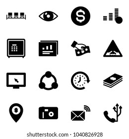 Solid vector icon set - waiting area vector, eye, dollar coin, safe, statistics report, cash pay, drawbridge road sign, monitor cursor, social, clock around, atm map pin, photo, wireless mail, phone