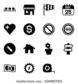 Solid vector icon set - waiting area vector, duty free, side wind, 25 dec calendar, heart, dollar coin, prohibition road sign, customs, detour, home, flower pot, signpost, money, sun power