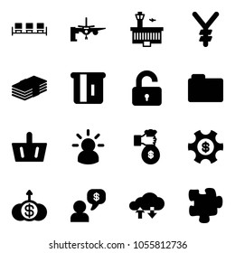 Solid vector icon set - waiting area vector, boarding passengers, airport building, yen, dollar, atm, unlocked, folder, basket, idea, rich, money managemet, growth, dialog, cloud exchange data