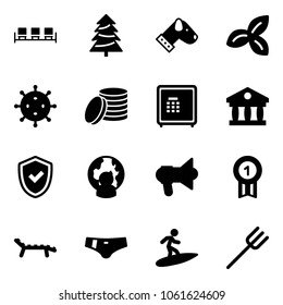 Solid vector icon set - waiting area vector, christmas tree, dog, three leafs, virus, coin, safe, bank, shield check, man globe, megaphone, gold medal, lounger, swimsuit, surfing, farm fork