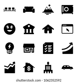 Solid vector icon set - waiting area vector, vip, mountains, safe, dollar smile, bank, home, cursor browser, idea, store, list, rise, growth, building, limousine