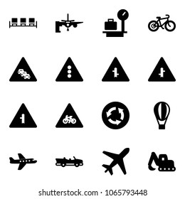 Solid vector icon set - waiting area vector, boarding passengers, baggage scales, bike, multi lane traffic road sign, light, intersection, for moto, circle, air balloon, plane, cabrio, excavator toy