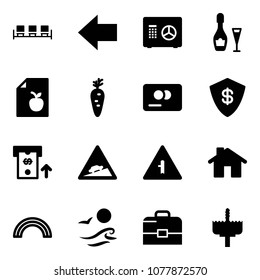 Solid vector icon set - waiting area vector, left arrow, safe, wine, diet list, carrot, credit card, atm, climb road sign, intersection, home, rainbow, waves, case, crown drill