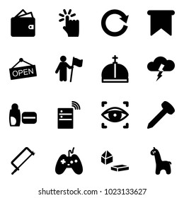 Solid vector icon set - wallet vector, hand touch, reload, flag, open, win, crown, storm, uv cream, server wireless, eye scanner, nail, metal hacksaw, joystick, constructor blocks, toy giraffe