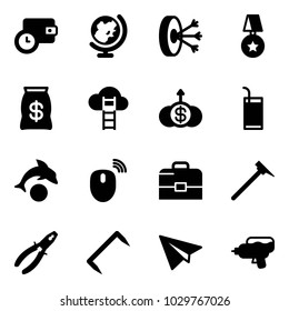 Solid vector icon set - wallet time vector, globe, solution, star medal, money bag, cloud ladder, dollar growth, drink, dolphin, mouse wireless, case, mason hammer, pliers, staple, paper plane