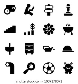 Solid vector icon set - wallet time vector, signpost, pawn, stairs, dollar chart, flower, grill, crown drill, tool cabinet, oiler, construction helmet, allen key, beanbag, soccer ball, toy monster