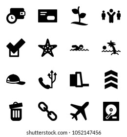 Solid vector icon set - wallet time vector, envelope, sproute, team leader, check, starfish, swimming, palm, cap, phone, water power plant, chevron, trash bin, link, plane, hdd
