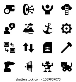 Solid vector icon set - wallet time vector, solution, success, cloud ladder, money dialog, mountains, anchor, gear, data exchange, up down arrows, sim, sledgehammer, drill, allen key set, robot