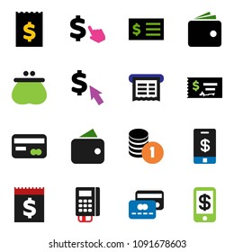 solid vector icon set - wallet vector, coin stack, check, receipt, dollar cursor, credit card, reader, tap pay