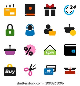 solid vector icon set - wallet vector, gift, credit card, open, 24 hour, percent, customer, support, buy, basket, mail, catalog, lock, coupon, store scales