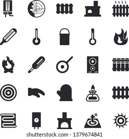 Solid vector icon set - warm floor flat vector, heating batteries, boiler, hiking pot, teflon, potholder, fire, induction cooker, temperature, thermometer, bonfire, fireplace, radiator, gas burner