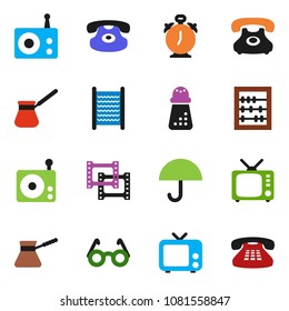 solid vector icon set - washboard vector, hand mill, turk coffee, glasses, alarm clock, abacus, phone, umbrella, film frame, radio, tv, classic