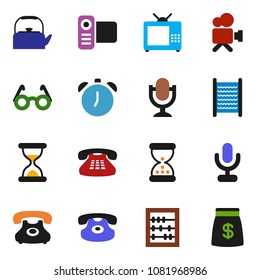 solid vector icon set - washboard vector, kettle, glasses, alarm clock, abacus, phone, video camera, microphone, classic, sand, tv, money bag