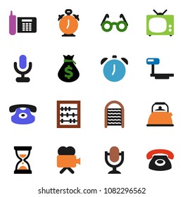 solid vector icon set - washboard vector, kettle, glasses, alarm clock, abacus, money bag, sand, phone, big scales, video camera, microphone, classic, tv