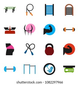 solid vector icon set - washboard vector, barbell, weight, jump rope, horizontal bar, muscule hand, buttocks, pregnancy, store scales