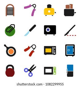 solid vector icon set - washboard vector, pan, toaster, microwave oven, scissors, safe, weight, hand trainer, scalpel, attachment, fridge