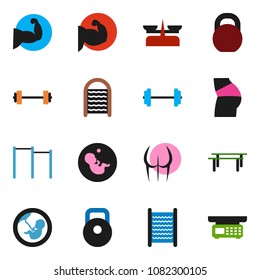 solid vector icon set - washboard vector, barbell, weight, horizontal bar, muscle hand, buttocks, pregnancy, store scales