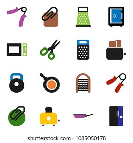 solid vector icon set - washboard vector, pan, grater, toaster, microwave oven, scissors, safe, weight, hand trainer, attachment, fridge