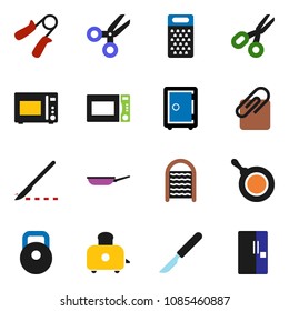solid vector icon set - washboard vector, pan, grater, toaster, microwave oven, scissors, safe, weight, hand trainer, scalpel, attachment, fridge