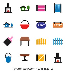 solid vector icon set - washboard vector, camping cauldron, cutting board, wood box, chalet, fence, rent signboard, table, fireplace
