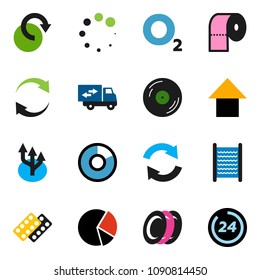 solid vector icon set - washboard vector, toilet paper, plates, pie graph, arrow up, oxygen, disk, pills blister, refresh, redo, loading, route, relocation truck, 24 hour