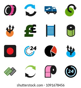 solid vector icon set - washboard vector, toilet paper, plates, pie graph, pound, rec button, pills blister, refresh, redo, route arrow, relocation truck, 24 hour